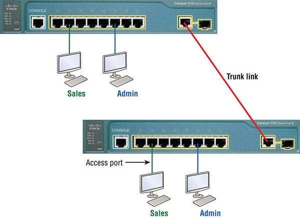 The figure shows how VLANs can span multiple switches by using trunk links, which carry traffic for multiple VLANs.