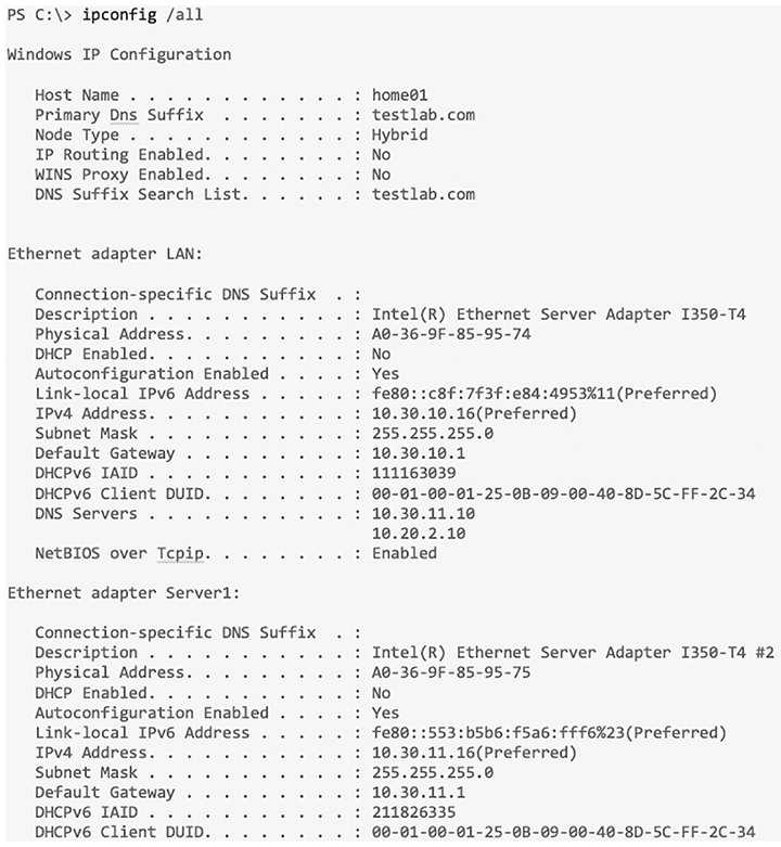 The figure shows a screenshot illustarting the Ipconfig/all.