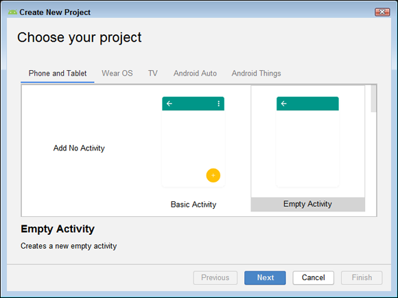 Screenshot of the Create New Project dialog box to select a device and associated starting point (template).