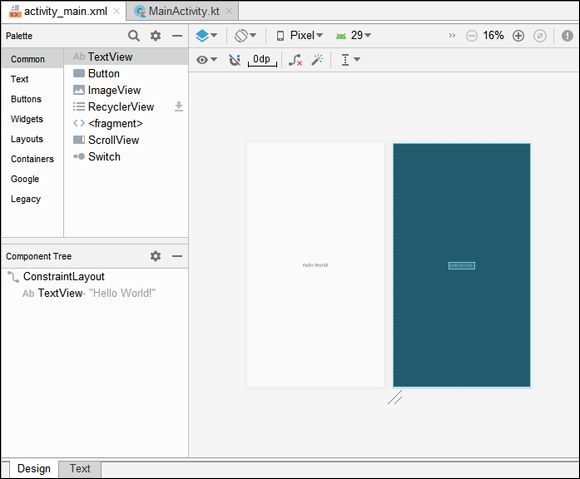 Screenshot displaying the design of activity_main.xml file window, when Android Studio initially creates your app.