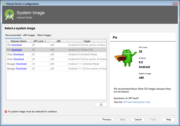 Screenshot of the Virtual Device Configuration dialog box to select one of the recommended options for best performance - the Select a System Image dialog box.