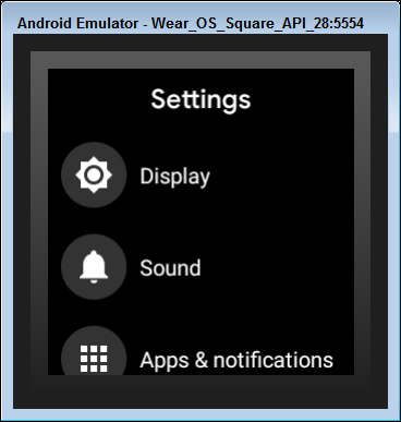 Illustration of the Settings menu in the Watch Face to access the emulator’s Display settings menu to change watch face.