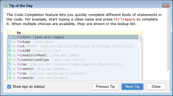 Screenshot of a Tip of the Day dialog box popping up when you start Android Studio, displaying simple reading tips.