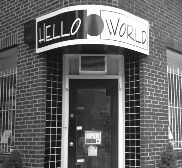 A picture of the store’s sign - the Hello World app, which is the simplest program that can run in a particular programming
language.