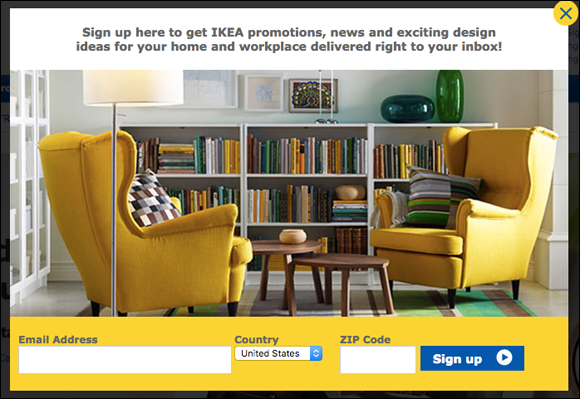An email subscription offer from furniture retailer IKEA, to sign up to get IKEA promotions, news, and exciting design ideas for your home or workplace.