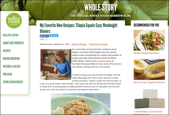 Screenshot of Whole Story, an official whole foods market blog, raising awareness of the products it sells while providing value to its blog audience.