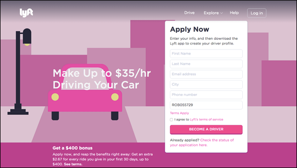 Screenshot of the Rideshare company Lyft that uses a landing page to start its driver application process.