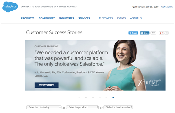 Screenshot of the Salesforce page which creates content that converts at the BOFU by telling customer success stories.