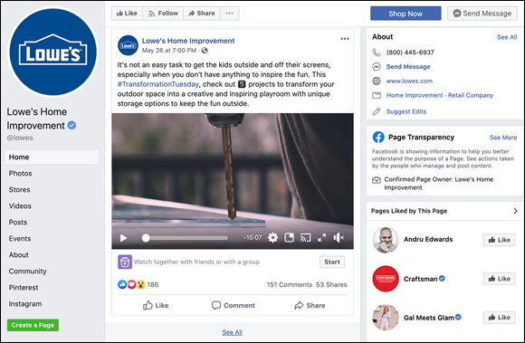 A Facebook page where Lowe’s establishes the benefit of the content and gives a clear call to action for the viewer to “check out” the five transformation projects.