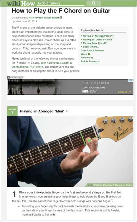 Illustration of a wikiHow article  on how-to post on how to play the F-chord on a particular  guitar chord.