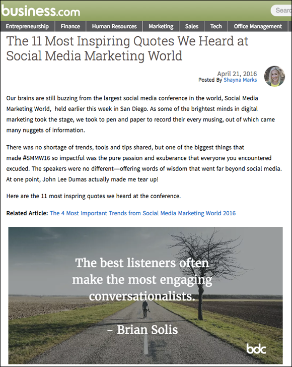 An example of a series post from the health club chain LA Fitness, an introduction to the topic, “The 11 Most Inspiring Quotes We Heard at Social Media Marketing World”.