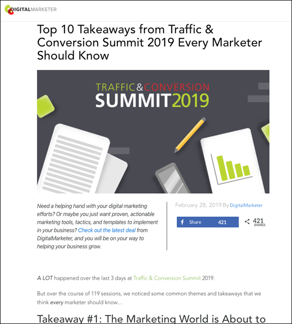 An example of a takeaways post centered on a digital marketing
event, the Traffic & Conversion Summit 2019, writing about top 10 takeaways that every marketer should know.