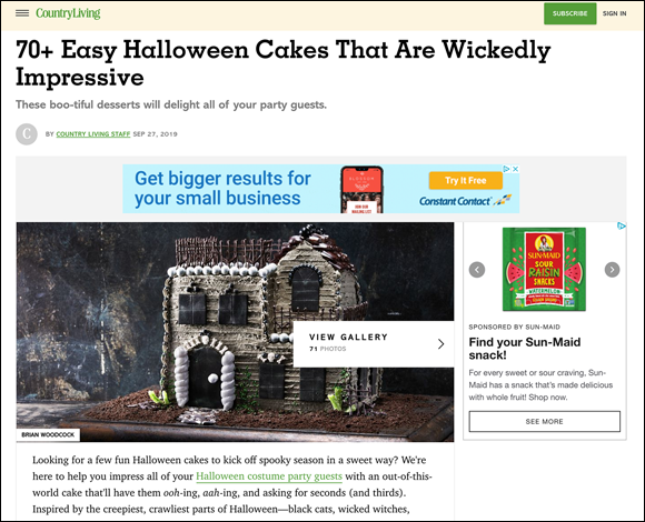 A blog post in which Country Living magazine providing a Halloween cake recipe article, delivering well wishes and creating holiday anticipation with the audience.