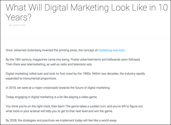 An example of a prediction post on what will digital marketing look like in 10 years, the concept of how marketing was born.