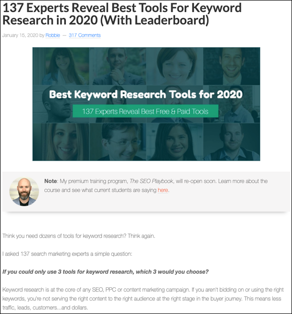 A crowdsourced post from robbierichards.com of 137 experts that reveal best tools for keyword research in 2020 (with leaderboard).