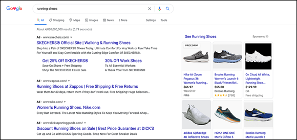 Screenshot of a typical set of advertisements displayed in a Google search results page, with ads at the top and the top-right corners of the pages.