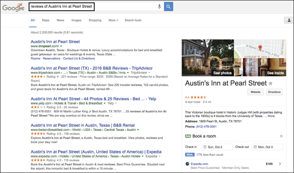 Screenshot of a Google page displaying a branded search query for a specific bed-and breakfast inn, such as Austin’s Inn at Pearl Street.