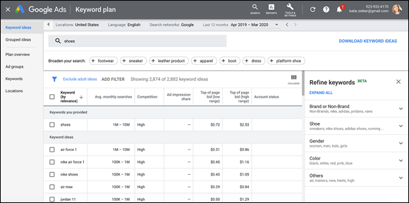 Screenshot of the Google Ads page for planning keywords with Google Ads Keyword Planner tool.