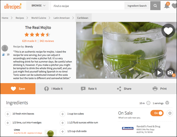 Screenshot of a web page Allrecipes.com that satisfies the intent of any searcher who enters the query “mojito recipe” in the Google search engine.