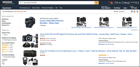 Screenshot of a web page, the Canon EOS 70D, that satisfies the intent of a searcher who enters the query “buy canon eos
70d” in the Amazon search engine.