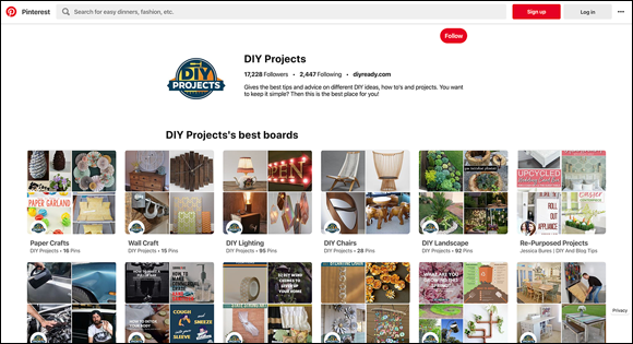 Screenshot of a Pinterest profile page displaying DIY projects' best keyword-optimized boards that have text overlays.
