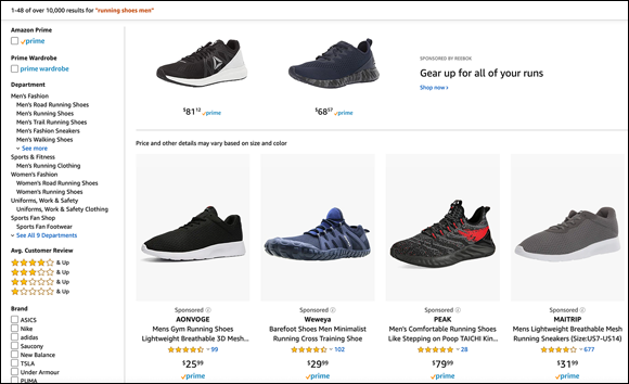Screenshot of an Amazon page displaying different models of shoes with their price tags, that includes the keyword or phrase used in the title of the page and throughout the product description.
