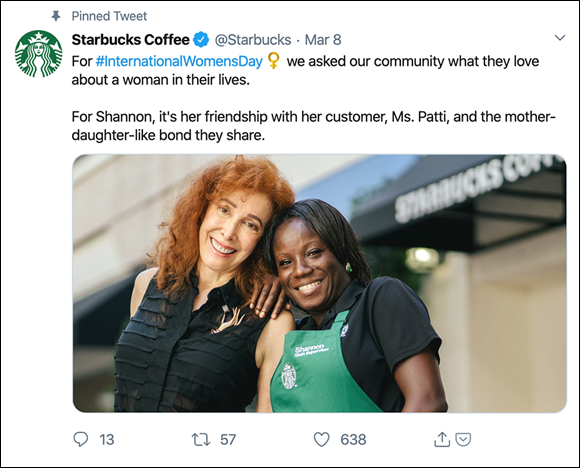 A Starbucks page that uses a Pinned Tweet to stay timely with an article presented on account of International Women's Day.