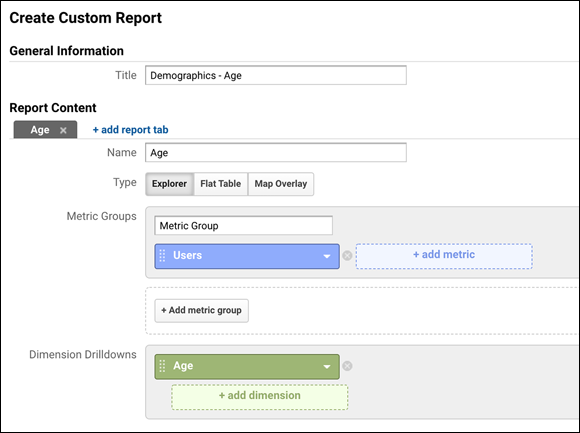 Screenshot of the Create Custom Report page to fill in the general information of a ready-made demographics for creating a custom report for age.