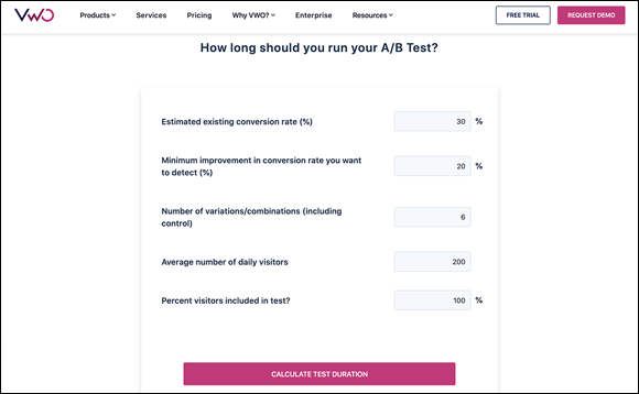 Screenshot of a test duration calculator page from Visual Website Optimizer, estimating how long you should run your A/B test.