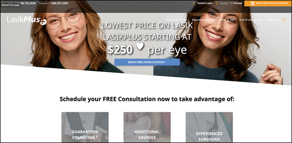 A landing page that explains the benefits of doing business with
LasikPlus and makes a call to action to book a free consultation.