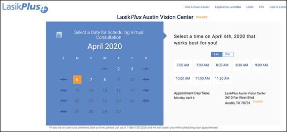 LasikPlus calendar page where a time for the consultation can be chosen by a customer, setting the appointment by entering the name, email, phone number, and birth date to confirm the appointment.