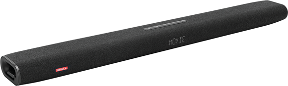 Photograph of a Fire TV edition soundbar with powerful speakers and a subwoofer, which provides the interface to the TV via an HDMI cable connection. 