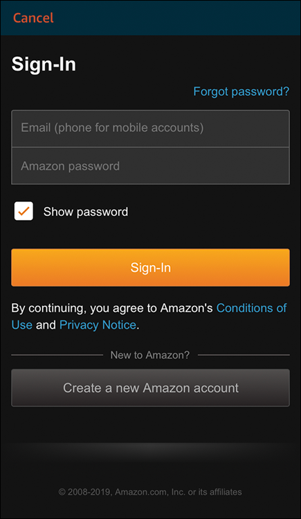 Screenshot of the Sign-In page for the Fire TV mobile app on an iPhone to create a new Amazon account.
