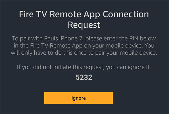 Screenshot of a Fire TV deviece displaying a four-digit code to pair with another person’s iPhone or we can ignore it.