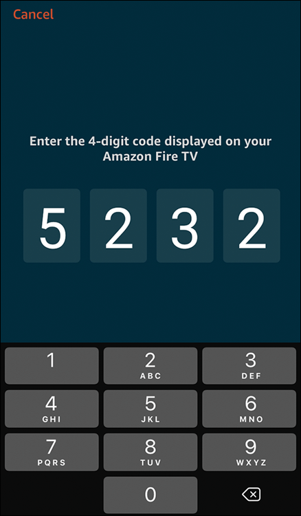 Screenshot displaying the four-digit code on the Amazon Fire TV mobile app, to connect to the mobile devices of another person.