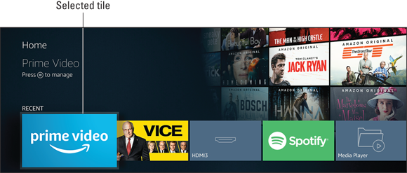 Image depicting the Fire TV displaying a highlighted tile that has been expanded with a border around the tile.