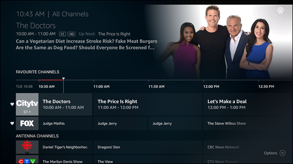 Screenshot displaying a channel guide in which live TV channels, marked as favorites, appear in the Favorite Channels section.