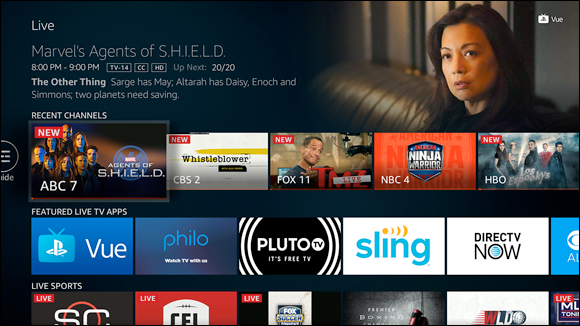 Screenshot of a typical Live screen that contains a Recent Channels row, which is a list of the live TV channels that have been viewed most recently.