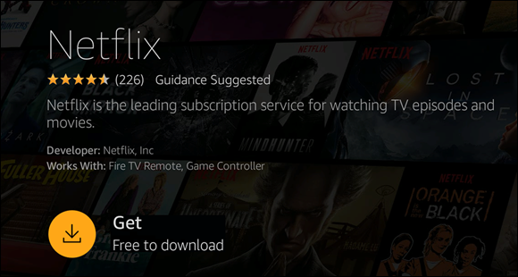 Screenshot displaying the Netflix app, which is a leading subscription service for watching TV episodes and movies, to choose Get to download it.