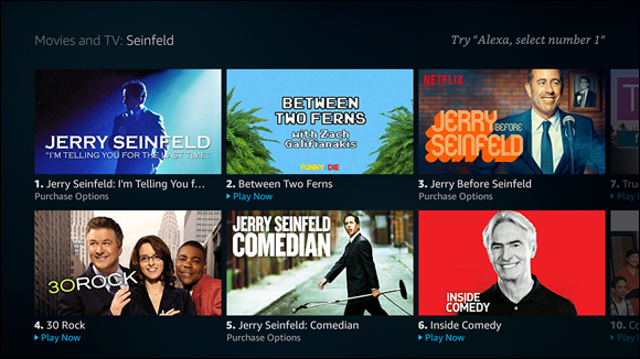 Screenshot of the Fire TV Cube search, where Alexa displays a numbered list of subscription apps to choose from.