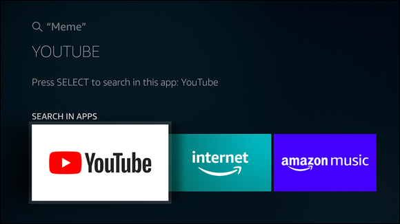 Screenshot to conduct a Fire TV search within YouTube that passes along the search text to the apps such as internet and amazon music.