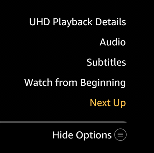 Screenshot displaying UHD playback details such as Audio, Subtitles, Watch from Beginning, while watching a TV show or movie. 