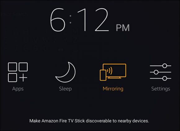Screenshot to choose the Mirroring icon to get the Fire TV Stick device started and running, at a particular time.