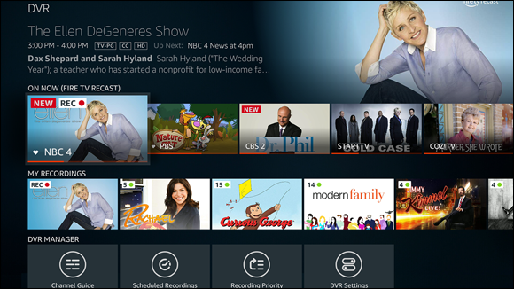 Screenshot of a DVR screen displaying thumbnail views of the current over-the-air TV shows, using the Fire TV remote.
