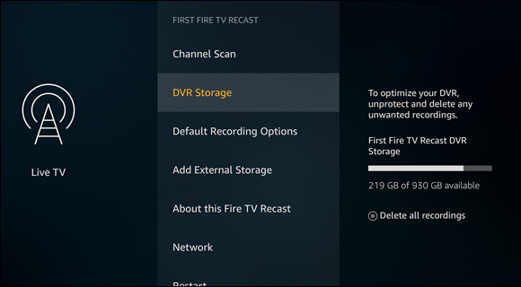 Screenshot displaying the default recording options of the Live TV Recast to select the DVR Storage setting to check how much storage has been used.