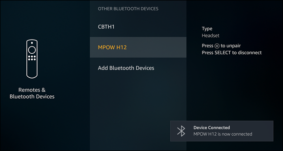 Screenshot of the Other Bluetooth Devices screen displaying a Device Connected notification in which the headphones appear after the pairing is complete.