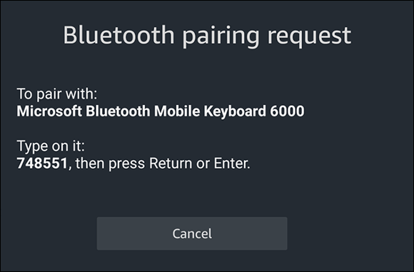 Screenshot of a Bluetooth pairing request, displaying a passkey that needs to be typed on the Bluetooth keyboard.