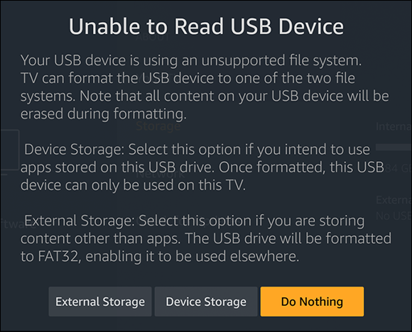 Screenshot displaying a screen notifying that the Fire TV is unable to read the USB storage device.