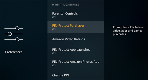 Screenshot of the Parental Controls screen displaying the default settings, with the PIN-Protect Purchases option highlighted.