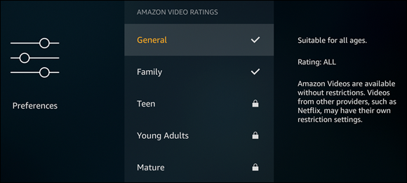 Screenshot of the Amazon Video Ratings screen to choose on a rating to toggle kids’ access to content that carries that rating.